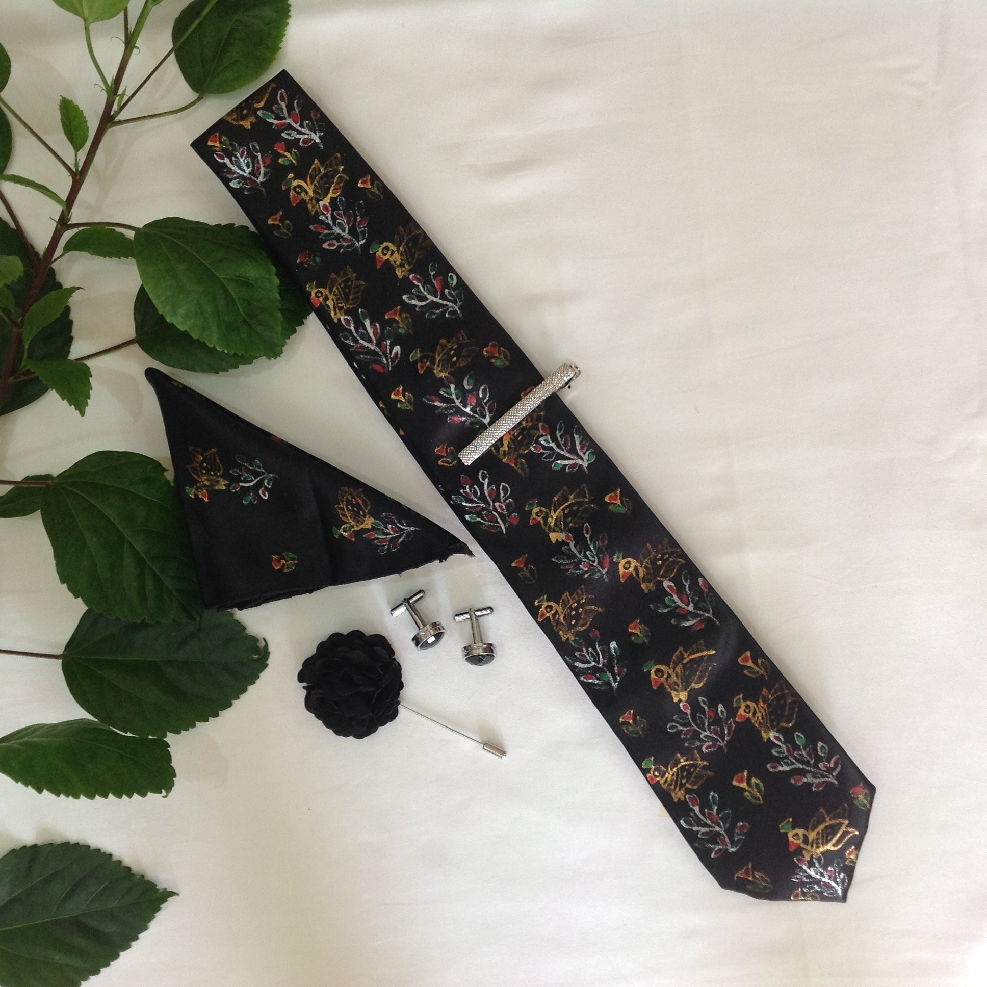 Handpainted Madhubani Silk Tie Set – Black with Peacock & Floral Motifs